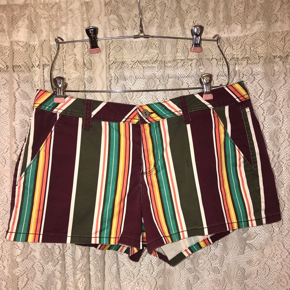 Multi-colored, striped shorts.